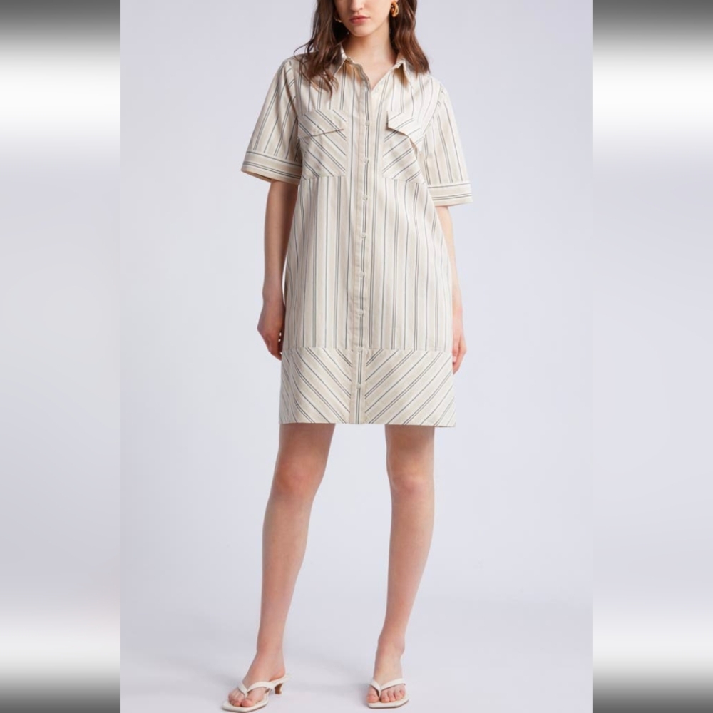 Nordstrom Striped Beige And White‎ Button Up Dress Size Small